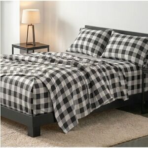 Bare Home Cal King Flannel‎ Sheet Set Black White Buffalo Plaid 100% Cotton 4pc